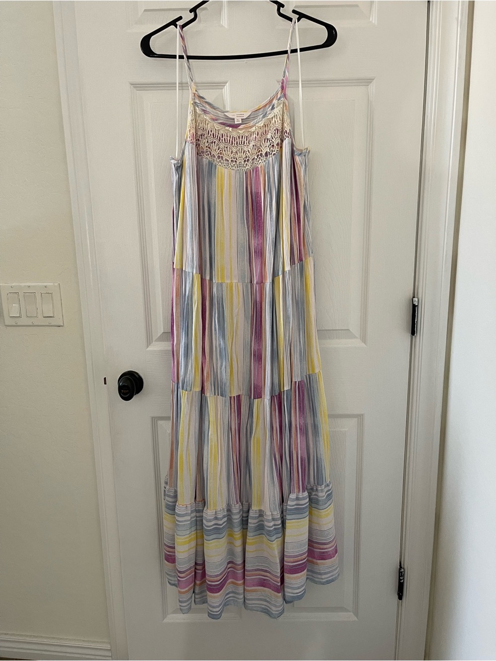 LC Lauren Conrad Pastel Striped Maxi Dress with Crochet Yoke